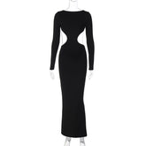 Robe courte à manches longues et dos nu pour filles, coupe ajourée, couleur unie